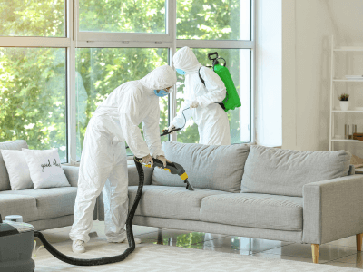 Workers in Biohazard cleanup suits cleaning sofa